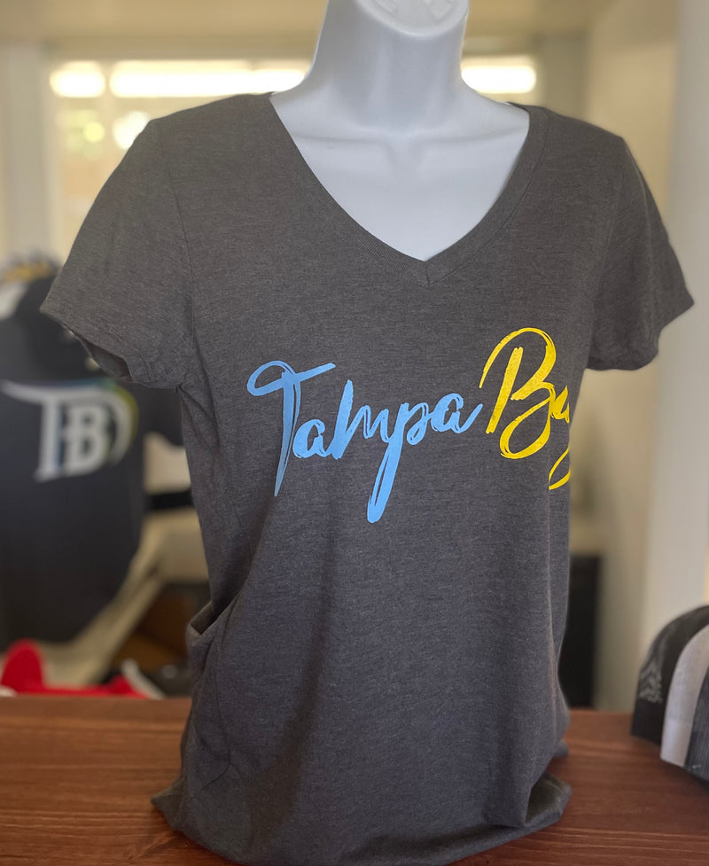 Ladies V-neck Tampa Bay Baseball Script tee